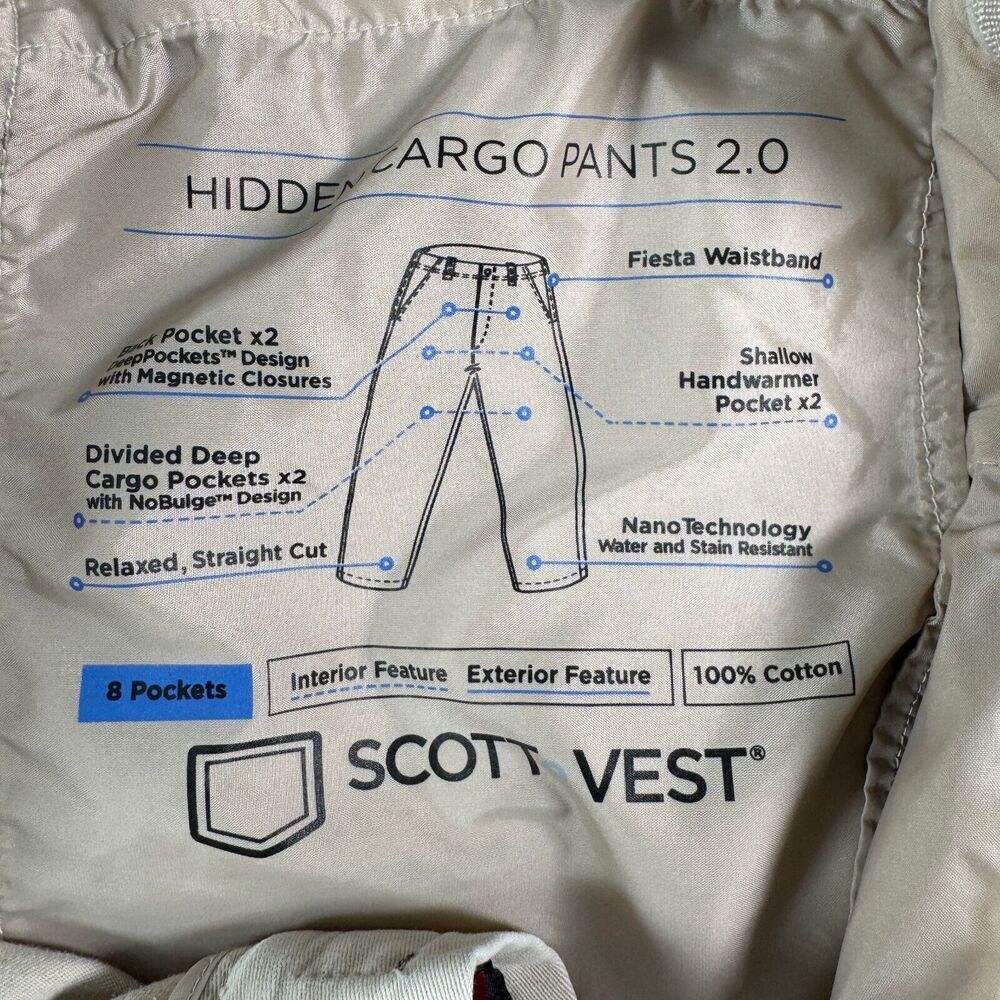 ScottEVest TEC Pants Mens 40x30 Fits 36x28 Beige Magnetic Pockets Nano Tiny Rip - Picture 10 of 12
